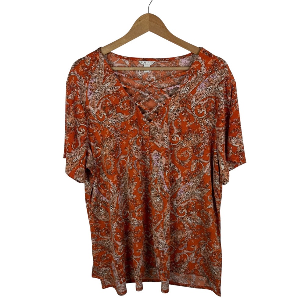 Cato Paisley Lace Up Top Size 18/20W Orange Boho Stretch Comfy Artsy Lightweight
